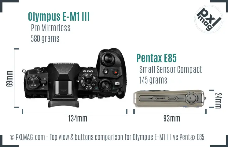 Olympus E-M1 III vs Pentax E85 top view buttons comparison