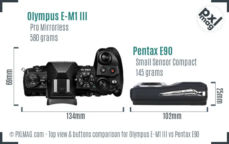 Olympus E-M1 III vs Pentax E90 top view buttons comparison