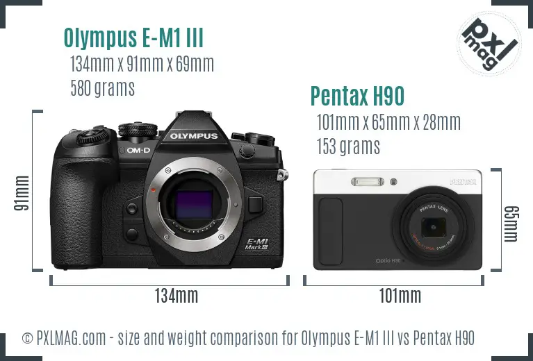 Olympus E-M1 III vs Pentax H90 size comparison