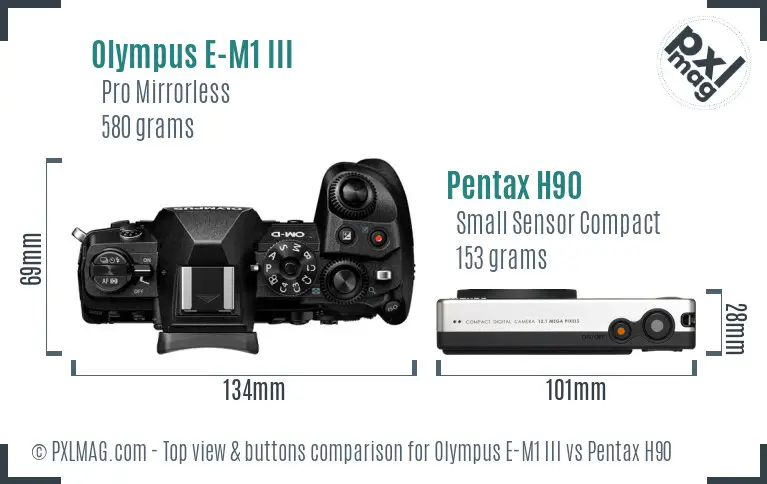 Olympus E-M1 III vs Pentax H90 top view buttons comparison