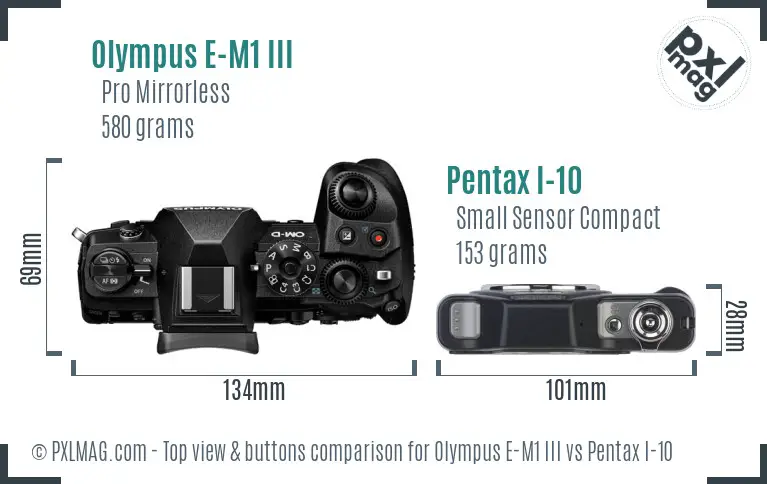 Olympus E-M1 III vs Pentax I-10 top view buttons comparison