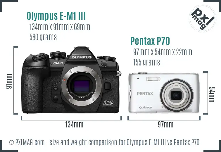 Olympus E-M1 III vs Pentax P70 size comparison