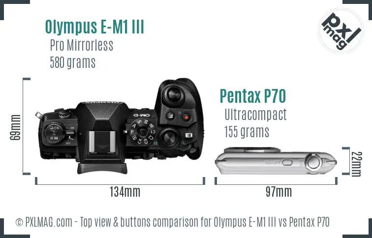 Olympus E-M1 III vs Pentax P70 top view buttons comparison