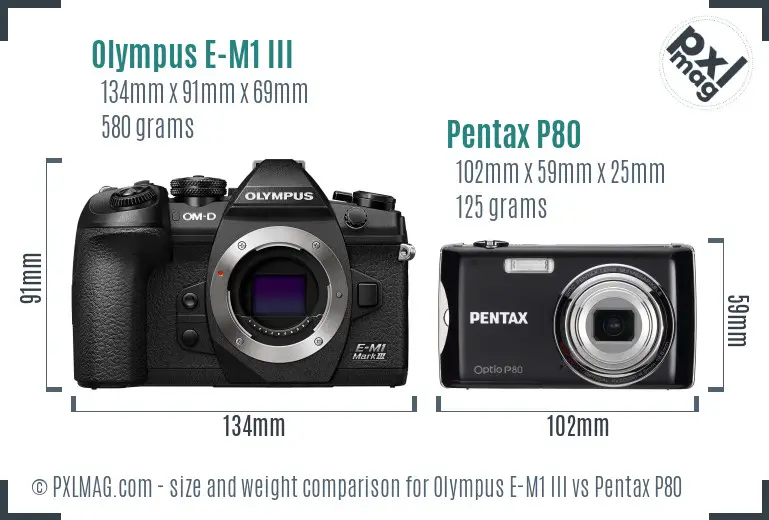 Olympus E-M1 III vs Pentax P80 size comparison