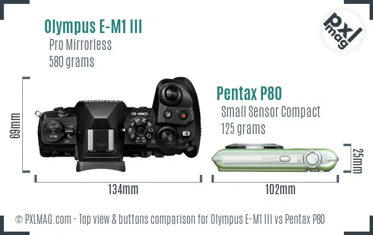 Olympus E-M1 III vs Pentax P80 top view buttons comparison