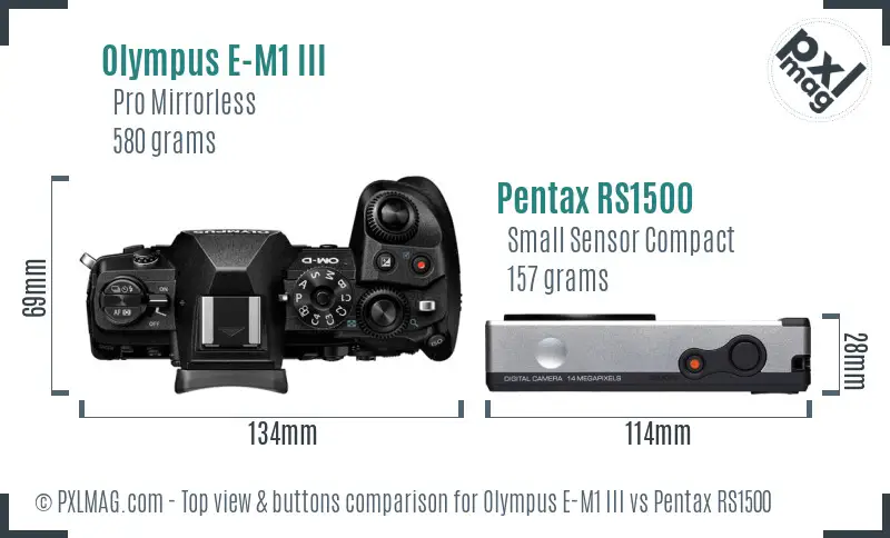 Olympus E-M1 III vs Pentax RS1500 top view buttons comparison