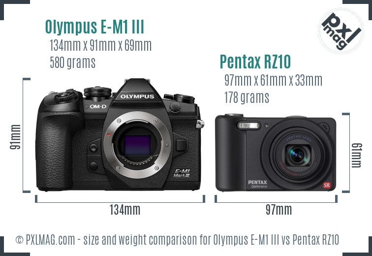 Olympus E-M1 III vs Pentax RZ10 size comparison