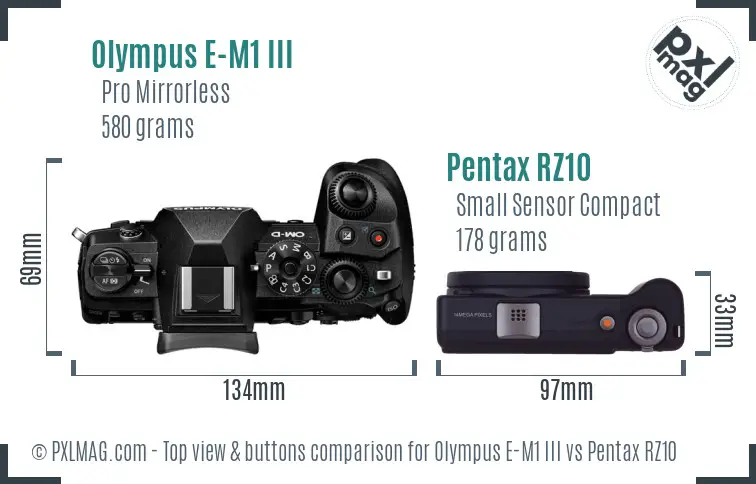 Olympus E-M1 III vs Pentax RZ10 top view buttons comparison