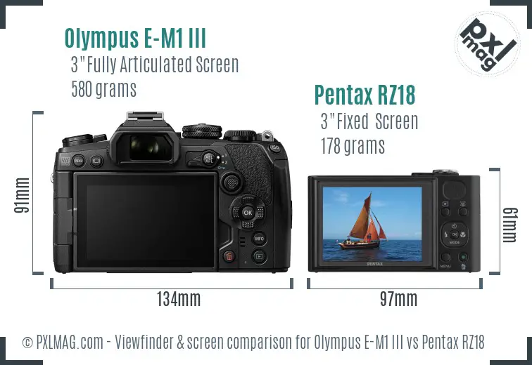 Olympus E-M1 III vs Pentax RZ18 Screen and Viewfinder comparison