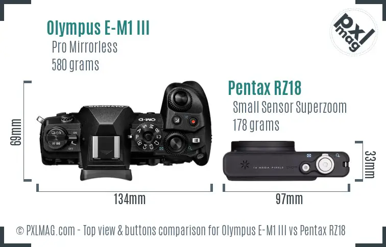 Olympus E-M1 III vs Pentax RZ18 top view buttons comparison