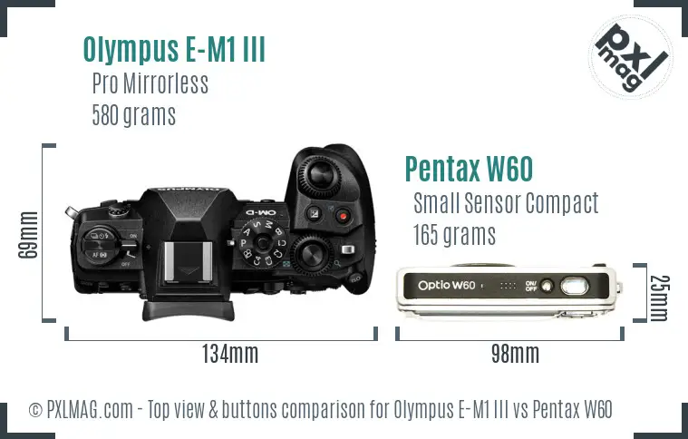 Olympus E-M1 III vs Pentax W60 top view buttons comparison
