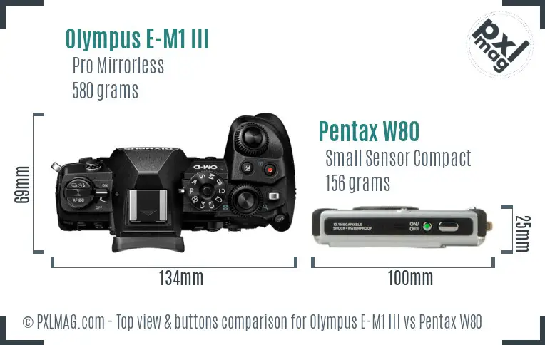 Olympus E-M1 III vs Pentax W80 top view buttons comparison