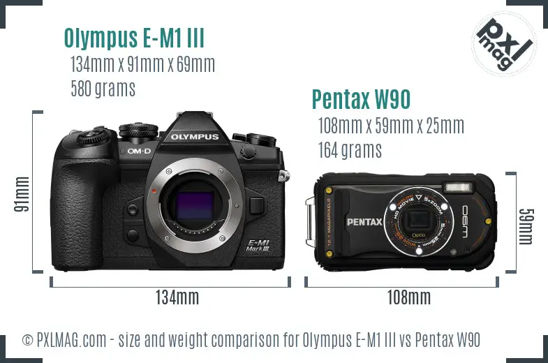 Olympus E-M1 III vs Pentax W90 size comparison