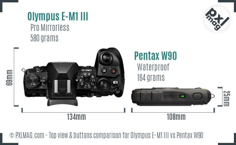 Olympus E-M1 III vs Pentax W90 top view buttons comparison