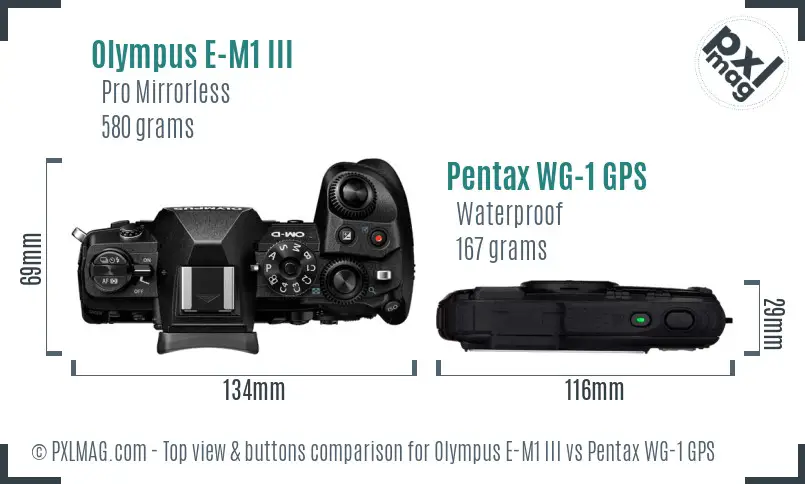 Olympus E-M1 III vs Pentax WG-1 GPS top view buttons comparison