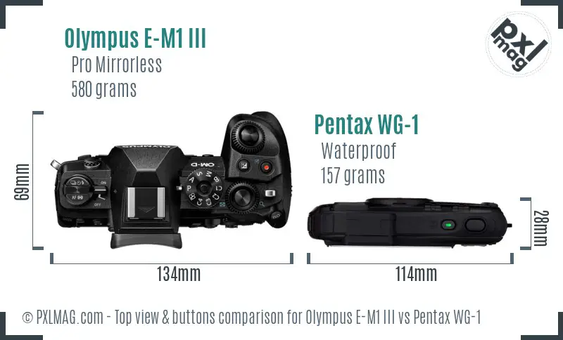 Olympus E-M1 III vs Pentax WG-1 top view buttons comparison