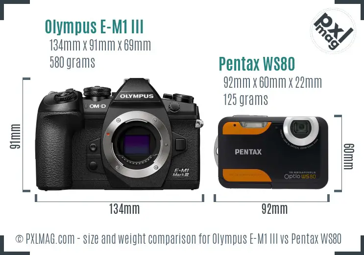 Olympus E-M1 III vs Pentax WS80 size comparison