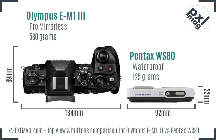 Olympus E-M1 III vs Pentax WS80 top view buttons comparison