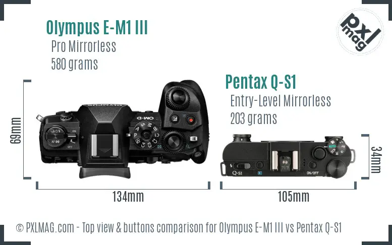 Olympus E-M1 III vs Pentax Q-S1 top view buttons comparison