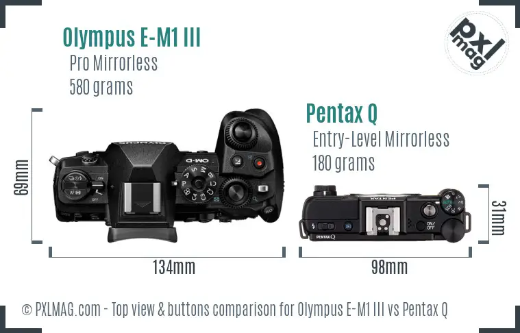 Olympus E-M1 III vs Pentax Q top view buttons comparison