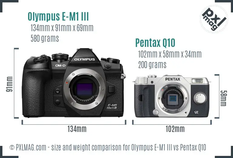 Olympus E-M1 III vs Pentax Q10 size comparison