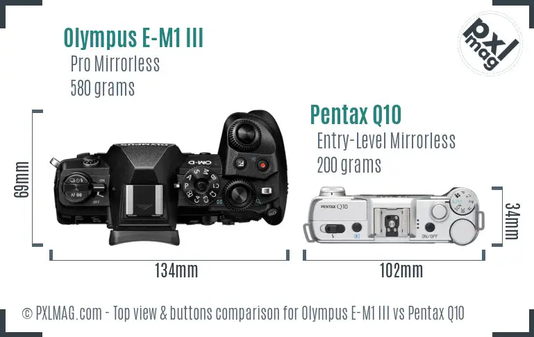 Olympus E-M1 III vs Pentax Q10 top view buttons comparison
