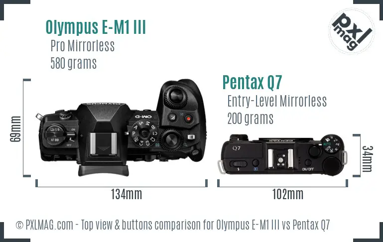 Olympus E-M1 III vs Pentax Q7 top view buttons comparison