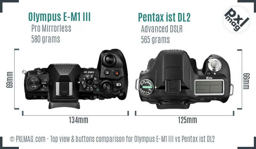 Olympus E-M1 III vs Pentax ist DL2 top view buttons comparison