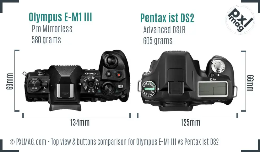 Olympus E-M1 III vs Pentax ist DS2 top view buttons comparison