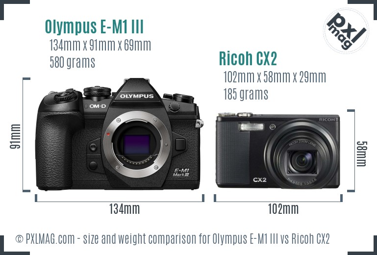 Olympus E-M1 III vs Ricoh CX2 size comparison