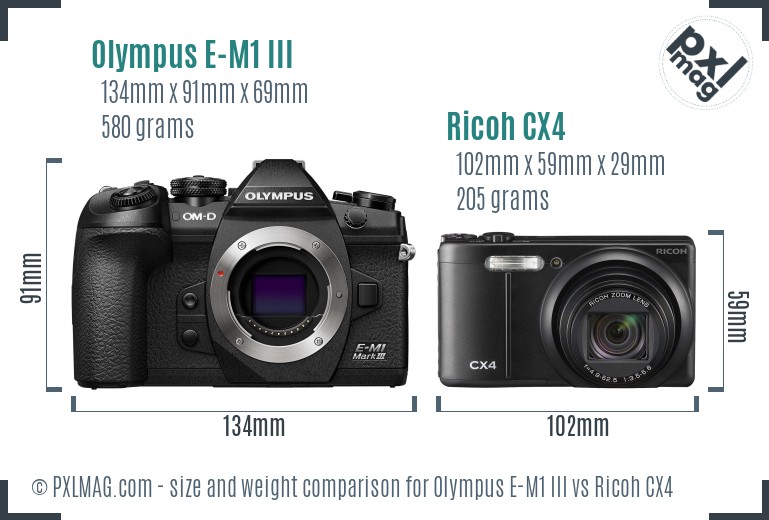 Olympus E-M1 III vs Ricoh CX4 size comparison Olympus E-M1 III vs Ricoh CX4 size comparison