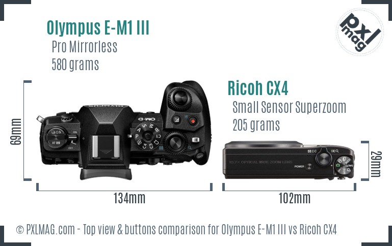 Olympus E-M1 III vs Ricoh CX4 top view buttons comparison