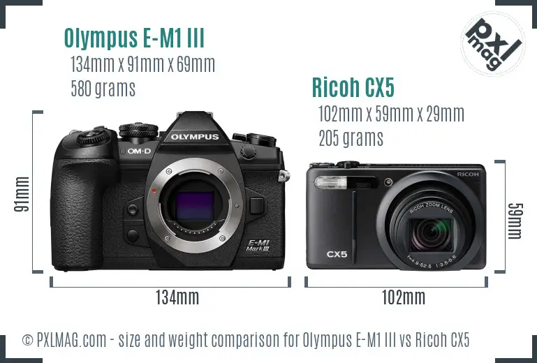 Olympus E-M1 III vs Ricoh CX5 size comparison