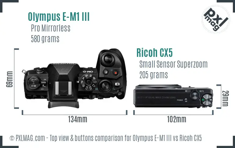 Olympus E-M1 III vs Ricoh CX5 top view buttons comparison