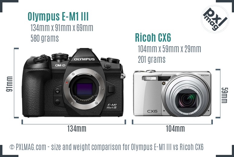Olympus E-M1 III vs Ricoh CX6 size comparison