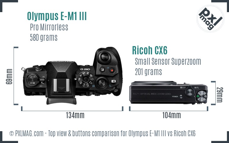 Olympus E-M1 III vs Ricoh CX6 top view buttons comparison