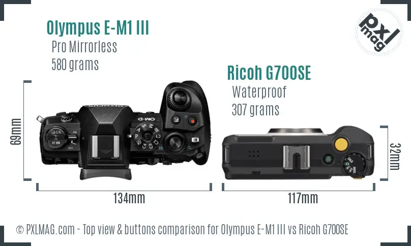 Olympus E-M1 III vs Ricoh G700SE top view buttons comparison