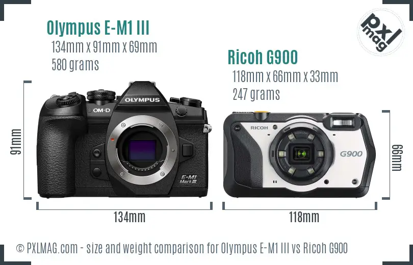 Olympus E-M1 III vs Ricoh G900 size comparison