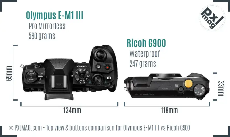 Olympus E-M1 III vs Ricoh G900 top view buttons comparison