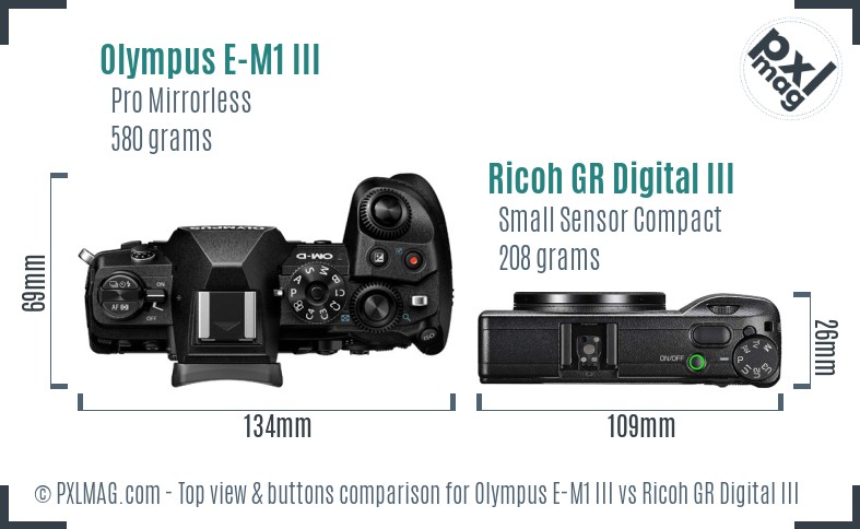 Olympus E-M1 III vs Ricoh GR Digital III top view buttons comparison