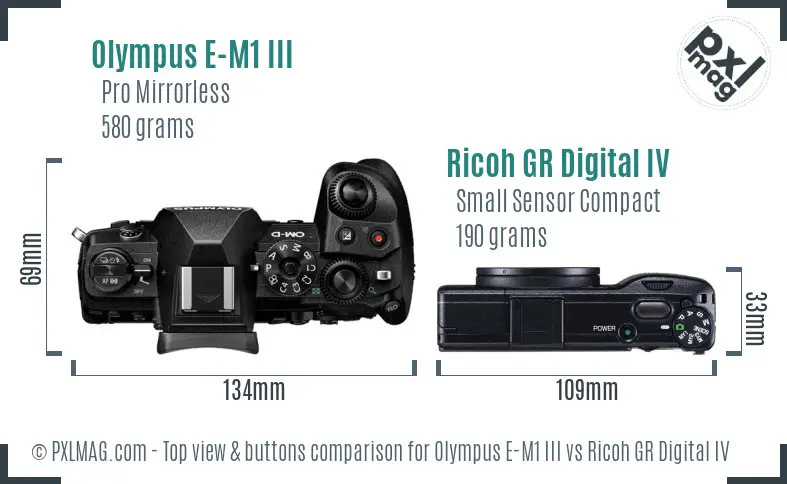 Olympus E-M1 III vs Ricoh GR Digital IV top view buttons comparison