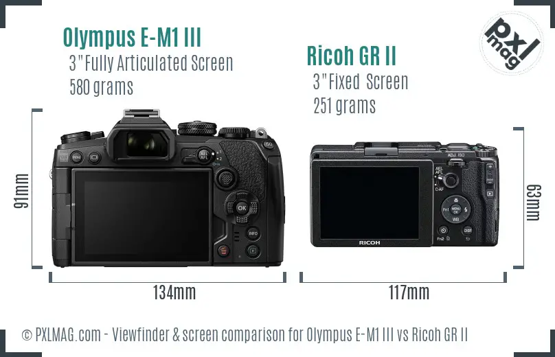 Olympus E-M1 III vs Ricoh GR II Screen and Viewfinder comparison