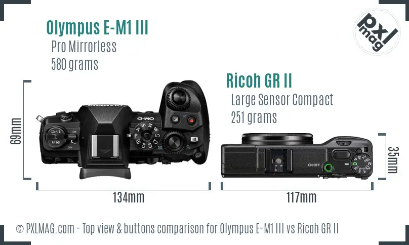 Olympus E-M1 III vs Ricoh GR II top view buttons comparison