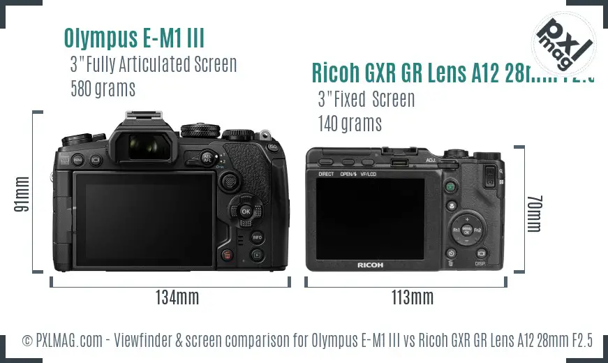 Olympus E-M1 III vs Ricoh GXR GR Lens A12 28mm F2.5 Screen and Viewfinder comparison