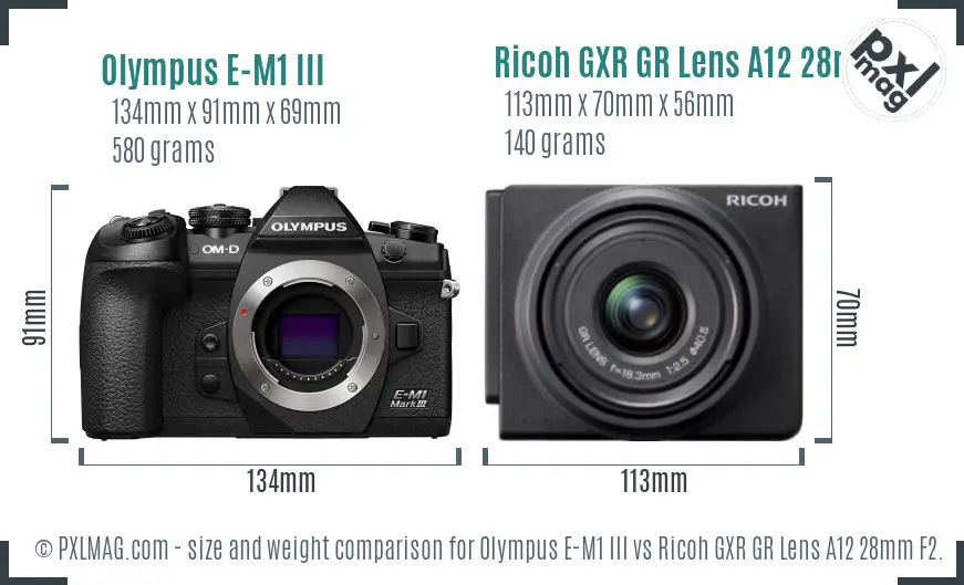 Olympus E-M1 III vs Ricoh GXR GR Lens A12 28mm F2.5 size comparison