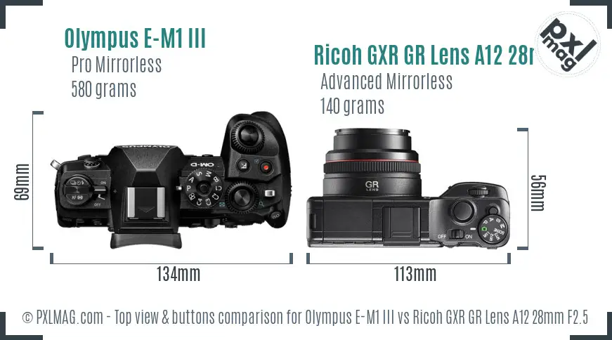 Olympus E-M1 III vs Ricoh GXR GR Lens A12 28mm F2.5 top view buttons comparison