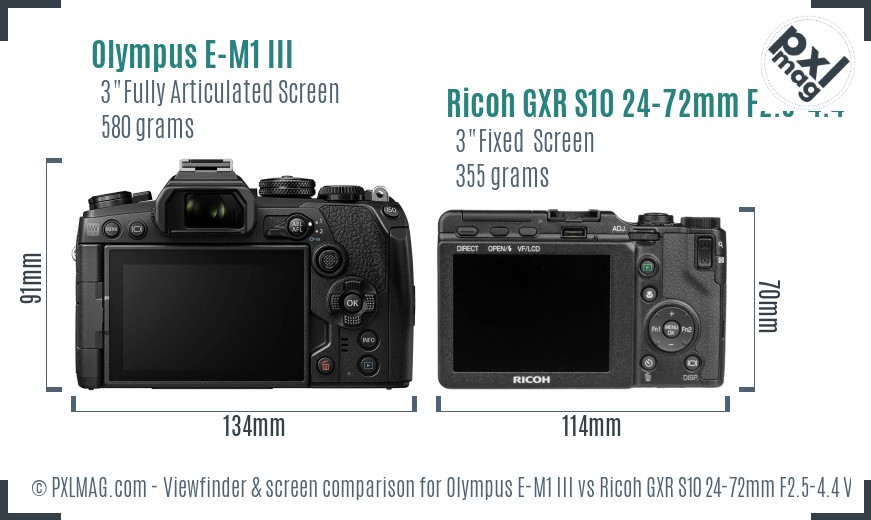 Olympus E-M1 III vs Ricoh GXR S10 24-72mm F2.5-4.4 VC Screen and Viewfinder comparison