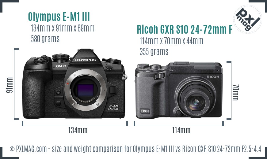 Olympus E-M1 III vs Ricoh GXR S10 24-72mm F2.5-4.4 VC size comparison
