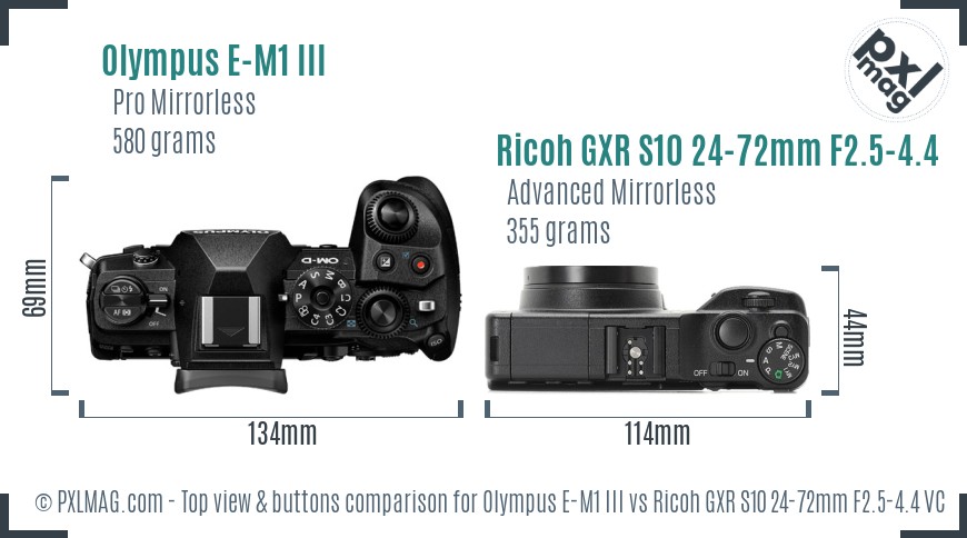 Olympus E-M1 III vs Ricoh GXR S10 24-72mm F2.5-4.4 VC top view buttons comparison