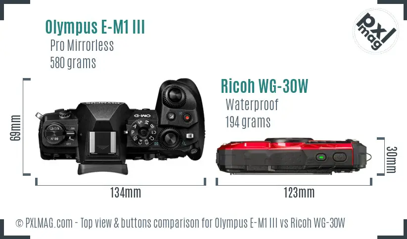 Olympus E-M1 III vs Ricoh WG-30W top view buttons comparison